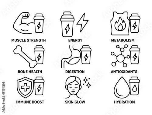 Icons illustrating health benefits: muscle strength, energy, metabolism, bone health, digestion, antioxidants, immune boost, skin glow, hydration
