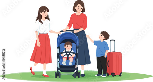 Family on vacation with luggage and stroller