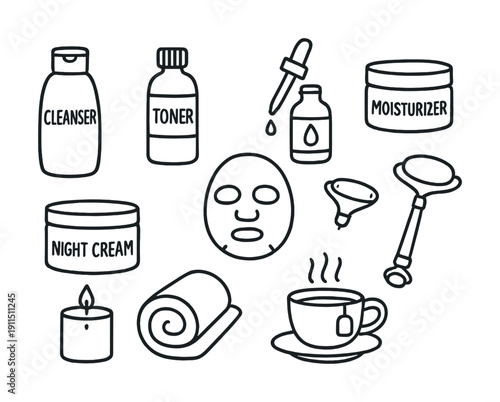 Skincare essentials outline: cleanser, toner, moisturizer, facial roller, mask, candle, tea
