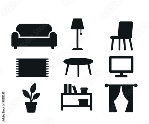 Black silhouette icons of sofa, lamp, chair, rug, table, tv, plant, shelf, curtains