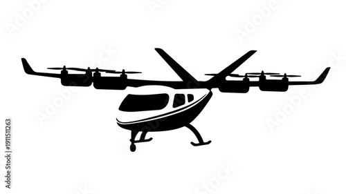 Silhouette of a futuristic vertical takeoff and landing aircraft.