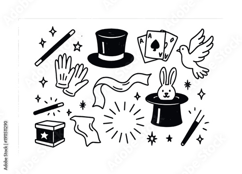 Magic show elements: hats, cards, wand, and rabbit in black and white illustration