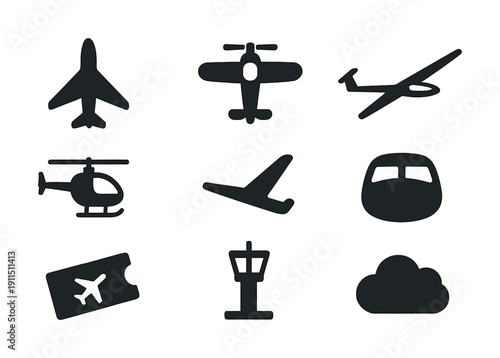 Set of aircraft icons featuring airplane, helicopter, glider, control tower, and cloud