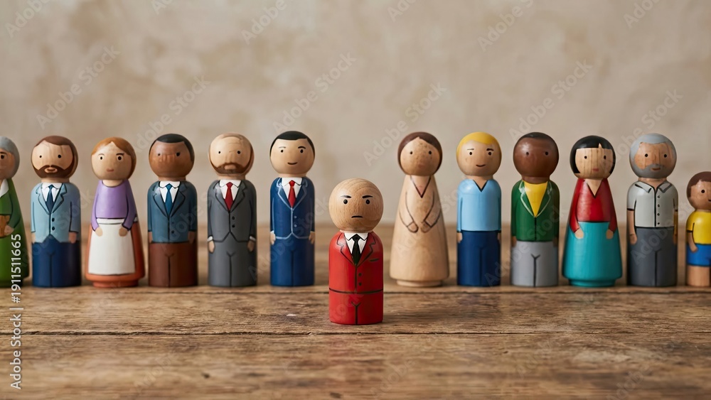 Obraz premium Wooden Figures: a collection of charming wooden figures, each with their own unique character and personality, stands side-by-side on a rustic wooden table.