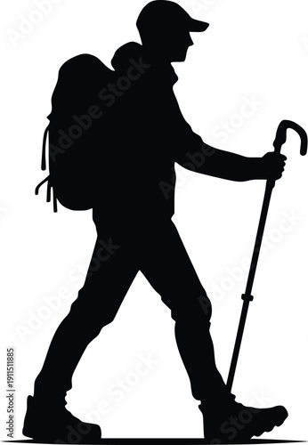 Silhouette of a hiker with a backpack and walking sticks on a journey