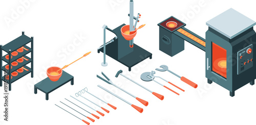 Isometric glassblowing workshop illustration, furnace tools molten glass production equipment set, artisan studio vector isolated design