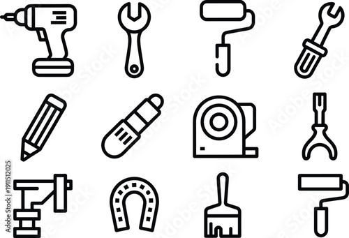 Line art construction tool icons set, black and white repair equipment symbols vector outline illustration collection isolated