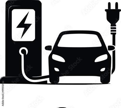 Electric car charging at a station with a plug in cable connected