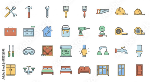 Collection of construction and home renovation tools and objects.