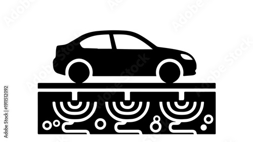 Car on a road with underground infrastructure illustration.