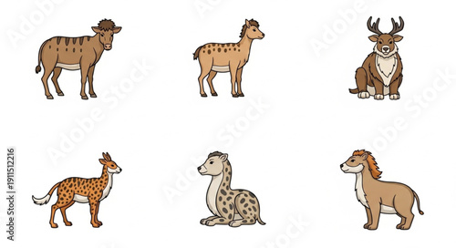 Collection of Six Hand Drawn Farm and Wild Animals.