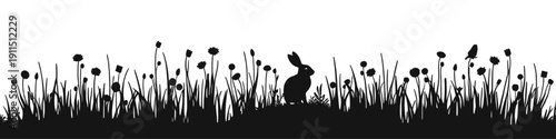 Silhouette of a rabbit sitting in tall grass with wildflowers, simple black nature scene isolated on white background, vector illustration