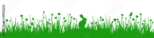Green grass border with rabbit silhouette isolated on transparent background, png
