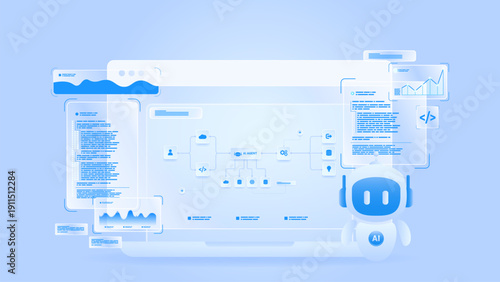 AI workflow automation artificial intelligence. ai agent network diagram dashboard machine learning flow process, analytics panels, coding panels and automation system.