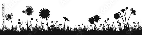Black grass and wildflowers silhouette border isolated on transparent background, png