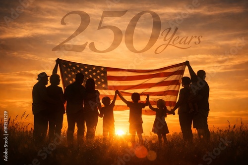 Group of diverse people holding American flag at sunset celebrating 250 years of independence with golden sky background