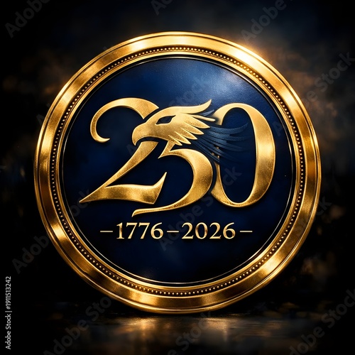 Golden 250th Anniversary Emblem Of American Independence With Eagle And Years 1776 To 2026 On Dark Background