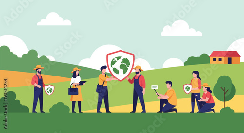 Sustainable Farming and Earth Protection Teamwork Vector Illustration. Farmers collaborate to secure ecological certification and agricultural environmental safety.