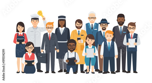Diverse Professional Workforce Standing Together. Group of Multicultural Employees in Various Occupations. Vector Illustration on White.