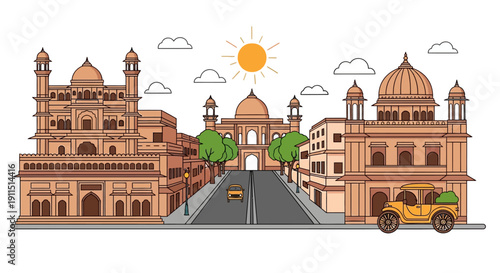 Indian Cityscape Vector Illustration: Historic Old Town Architecture, Mughal Heritage Buildings, Roadway, and Traffic Scene