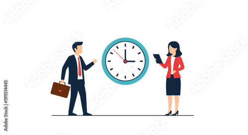 Corporate Time Management and Scheduling Concept with Business Man and Woman Next to a Clock Icon
