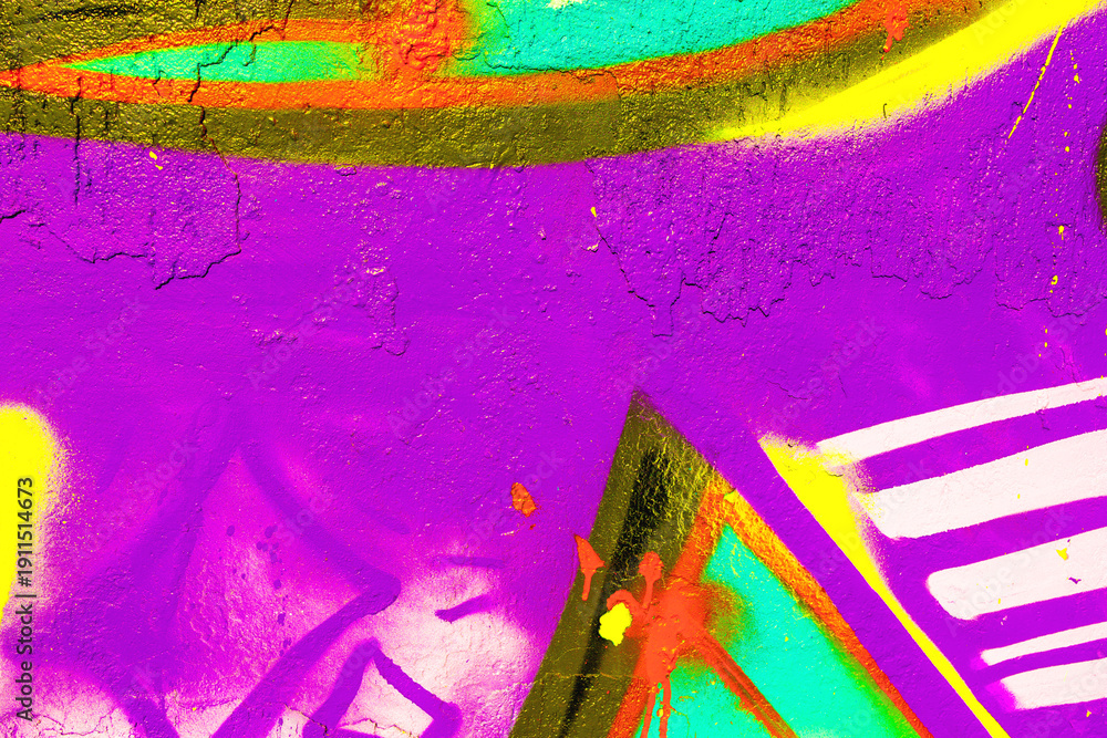 Naklejka premium Purple graffiti street art with yellow, aqua, orange paint on cracked wall. Urban 90s, Y2K style, grungy texture, vibrant colors. Posters, backgrounds, digital art, social media, creative banner.