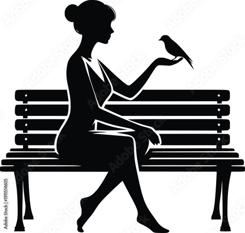 Woman sitting on bench with bird perched on her hand in silhouette
