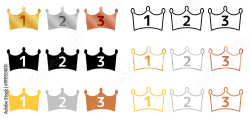 1位・2位・3位の王冠マーク・アワードや表彰に使えるベタ・線画・ランキング用の王冠アイコンセット