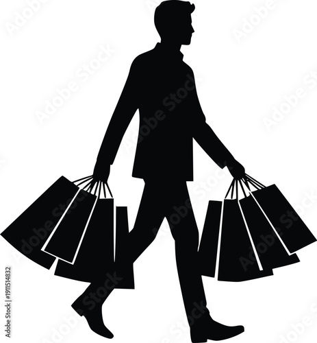 Silhouette of a man carrying multiple shopping bags
