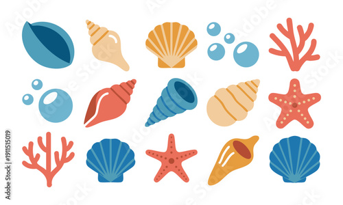 Beach summer coastal marine shell and coral flat vector illustration pack, easily editable.