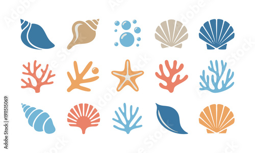 Tropical beach ocean marine element flat vector illustration collection, easily editable.