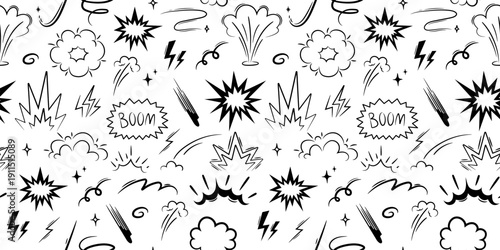 Comic boom burst, explosive smoke - Seamless Pattern. Vector Background with speed line cartoon vector icon. Cartoon effect, boom explosive motion line element set. Hand drawn sketch doodle action eff