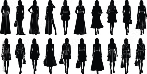 Elegant women fashion silhouettes set showcasing modern female poses, stylish dresses, handbags, and contemporary outfit designs isolated on white background