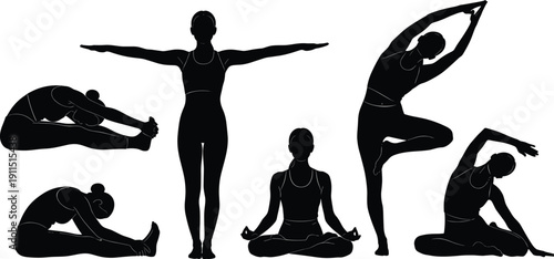 Yoga poses silhouette set, woman practicing meditation, stretching and flexibility exercises, zen lifestyle collection isolated on white background for wellness design,
