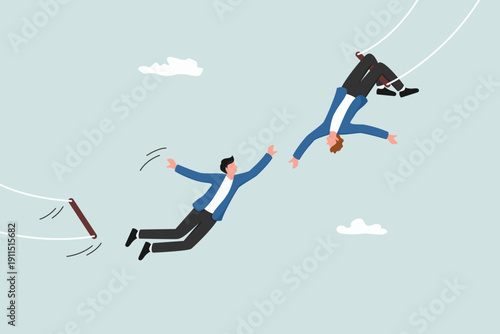 Support for success in work, collaboration or teamwork, helping each other to achieve the target concept, businesspeople do trapeze attractions by jumping and being caught by their partners.