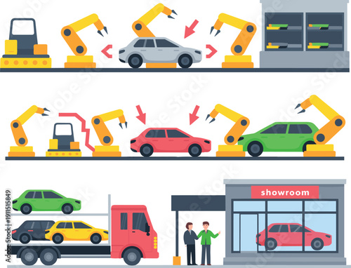 Automobile manufacturing process vector illustration with robotic assembly line, car production factory, transport truck and showroom dealership concept