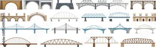 Bridge architecture collection illustration featuring arch, truss, suspension and historic stone structures engineering vector design set