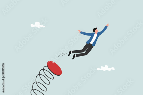 Boost up business growth, improvement, career path or job promote to higher position concept, confidence businessman leader jumping springboard up high in the sky.