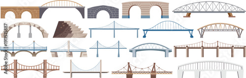 Bridge types collection illustration with arch, suspension, truss and stone structures architectural engineering vector design set