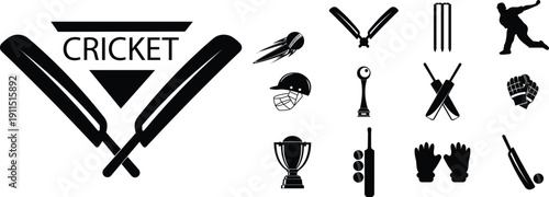 Cricket sport icon set, bat ball stumps helmet trophy equipment collection and group, player silhouette symbol illustration in flat and line style vector isolated on transparent background