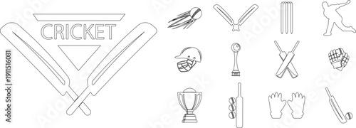 Cricket sport icon set, bat ball stumps helmet trophy equipment collection and group, player silhouette symbol illustration in flat and line style vector isolated on transparent background