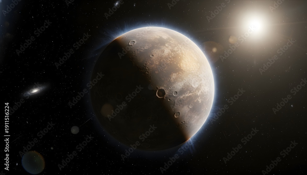 Naklejka premium Realistic depiction of a distant planet with bright star in space