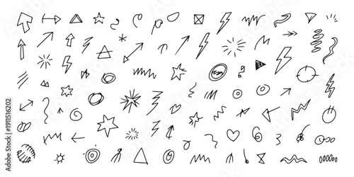 Handwritten scribble icons and messy star doodles with lightning bolts and abstract marks for casual design