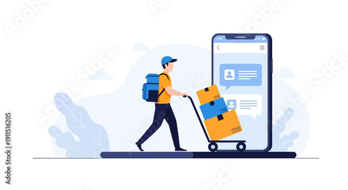 Mobile App Delivery Service: Courier Pushing Packages on Hand Truck. E-commerce Logistics and Online Order Tracking Vector Illustration.