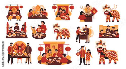 Lunar New Year Celebrations Vector Set. Asian Family Reunion Dinner, Lion Dance Performance, and Spring Festival Traditions Collection.