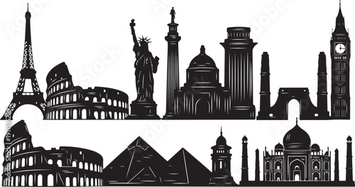 Famous landmarks and monuments from around the world silhouette