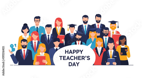 Diverse Group of Educators Celebrating Happy Teacher's Day. University Staff, Teachers, and Professional Team Flat Vector Illustration.