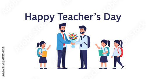 Happy Teacher's Day illustration: Student giving flowers to the male teacher. Appreciation and gratitude vector concept.