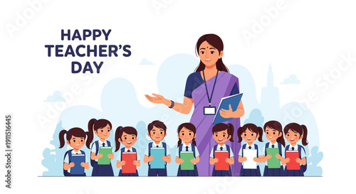 Happy Teacher's Day Celebration with Indian Female Teacher in Saree and Smiling School Students