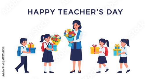 Happy Teacher's Day Banner. School Students Give Gifts and Flowers to Female Teacher. Education Appreciation Vector Illustration.